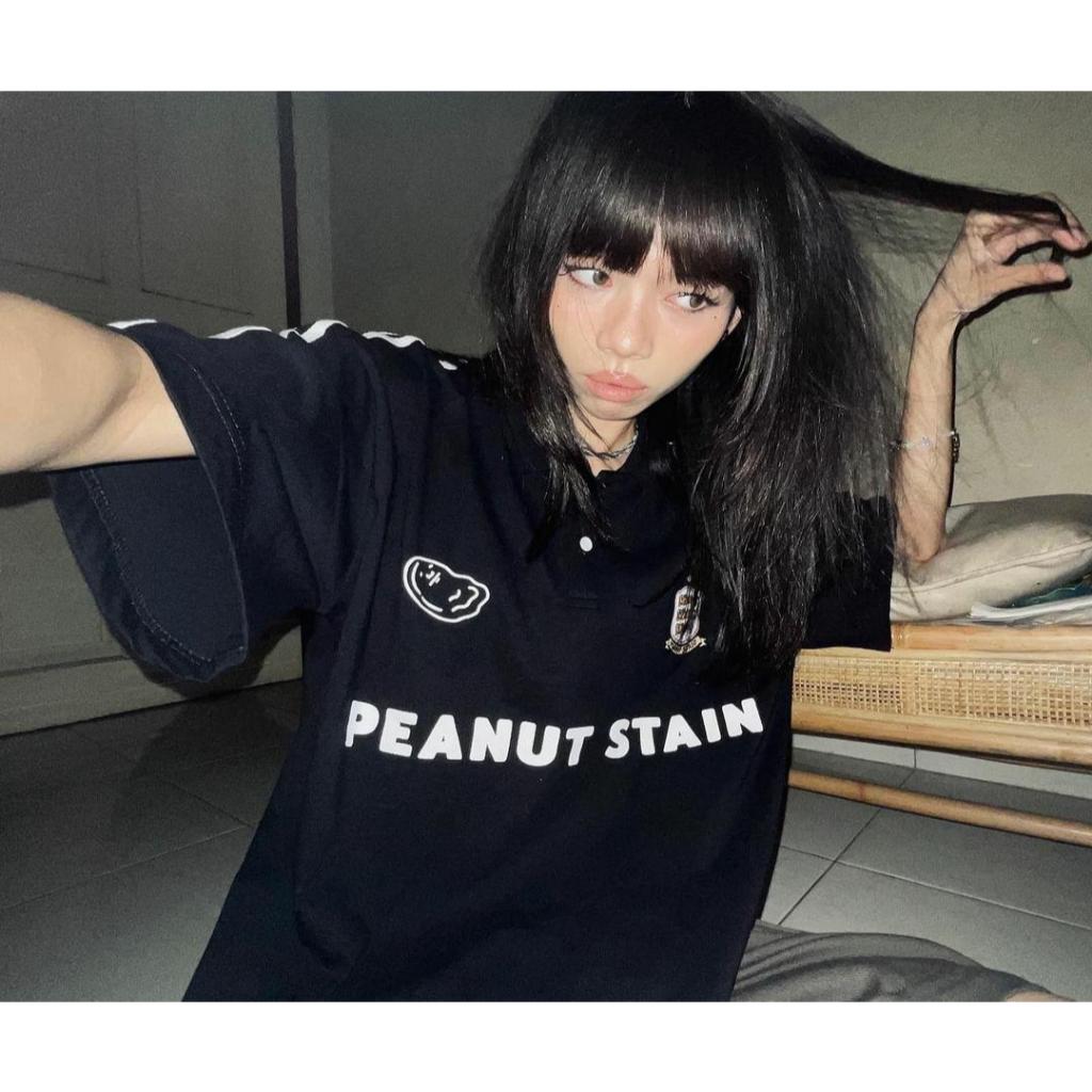 Boxy Oversized Polo Active White Striped Arm Black Peanut Stain | Kaos Polo | Unisex