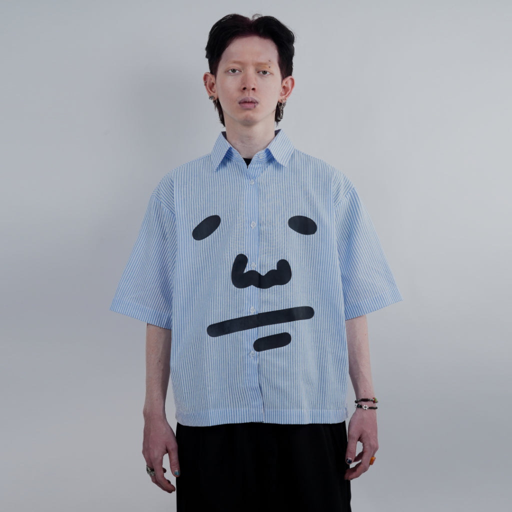 Boxy Shirt Peanut Face Blue Striped Peanut Stain | Kemeja | Unisex