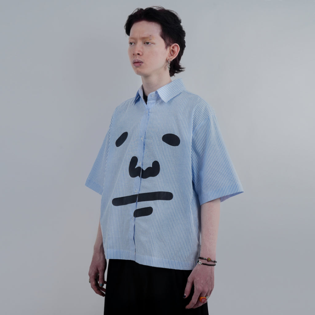 Boxy Shirt Peanut Face Blue Striped Peanut Stain | Kemeja | Unisex